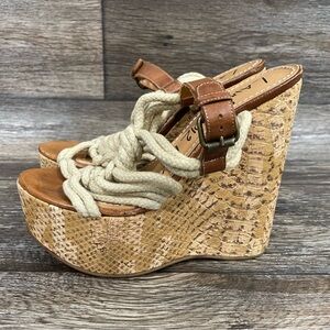 Lanvin 2012 Ete Sandals Rope Snake Print Cork Platform Wedge Open Toe Brown 37